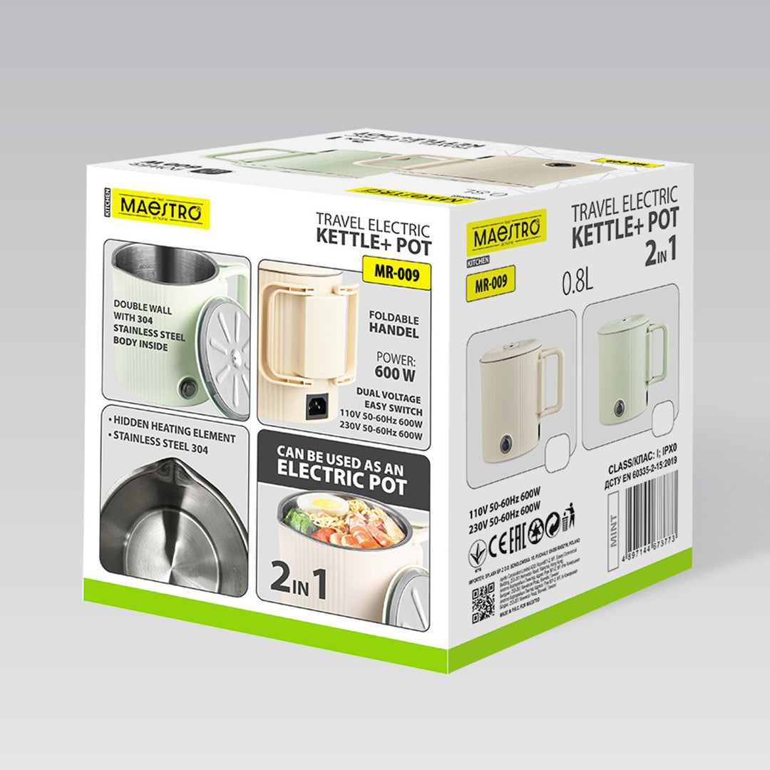 Maestro 2-u-1 električni čajnik / putni lonac, zapremina 0,8 l, 600 W, sklopiva ručka, prekidač za odabir napona 110 V/230 V, boja mente, MR-009-MINT