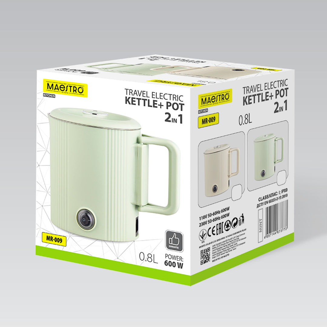 Maestro 2-u-1 električni čajnik / putni lonac, kapacitet 0,8 l, 600 W, sklopiva ručka, prekidač za odabir napona 110 V/230 V, bež, MR-009-BEIGE