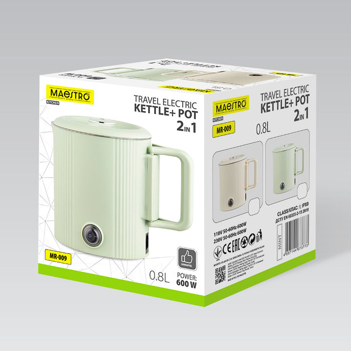 Maestro 2-u-1 električni čajnik / putni lonac, kapacitet 0,8 l, 600 W, sklopiva ručka, prekidač za odabir napona 110 V/230 V, bež, MR-009-BEIGE