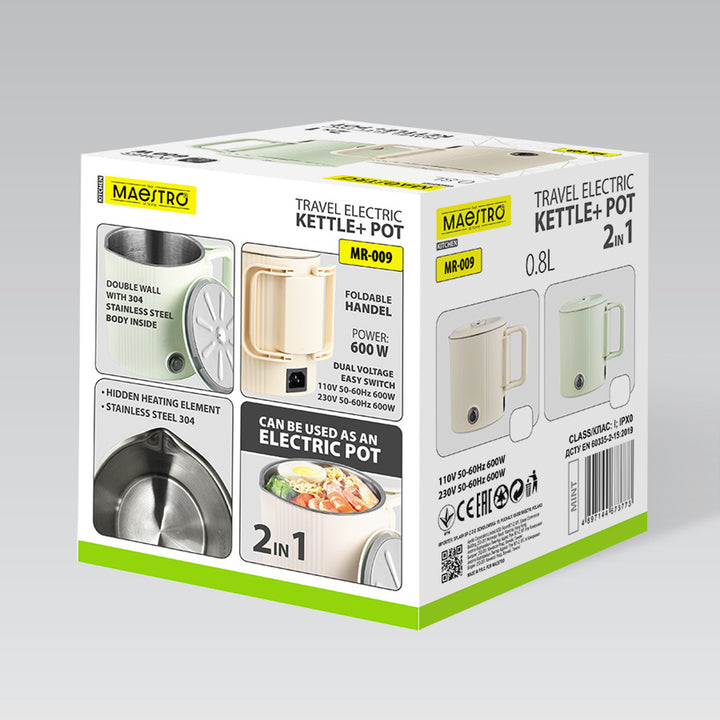 Maestro 2-u-1 električni čajnik / putni lonac, kapacitet 0,8 l, 600 W, sklopiva ručka, prekidač za odabir napona 110 V/230 V, bež, MR-009-BEIGE