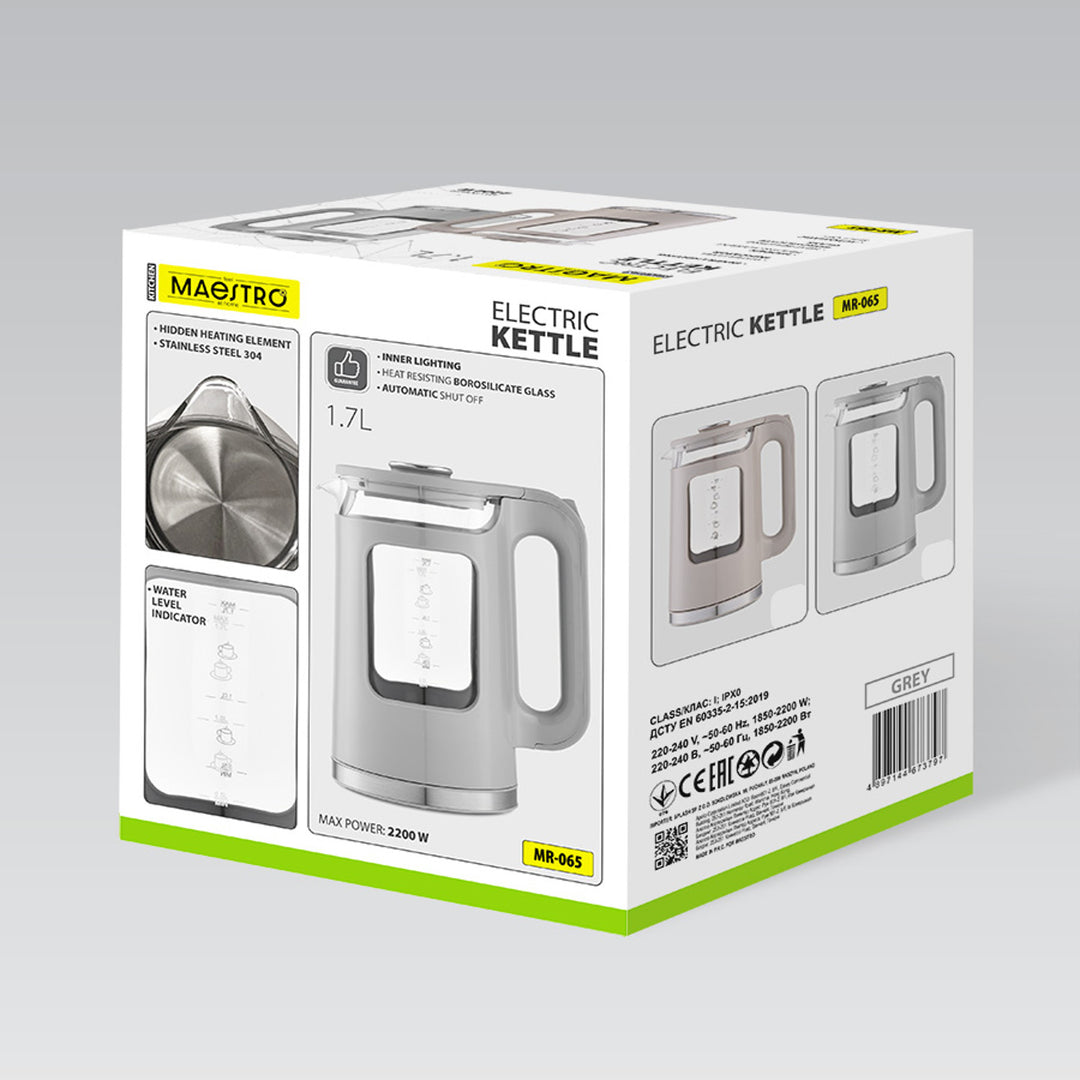 Staklena električna kuhalo za vodu Maestro, zapremina 1,7 l, 2200 W, pokazatelj razine vode, LED pozadinsko osvjetljenje, rotirajuća podloga, siva, MR-065-GREY