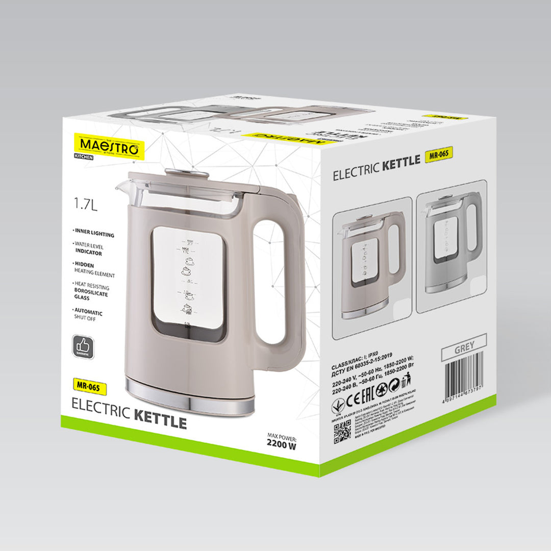 Staklena električna kuharica Maestro, zapremina 1,7 l, 2200 W, pokazatelj razine vode, LED pozadinsko osvjetljenje, rotirajuća podloga, bež, MR-065-BEIGE