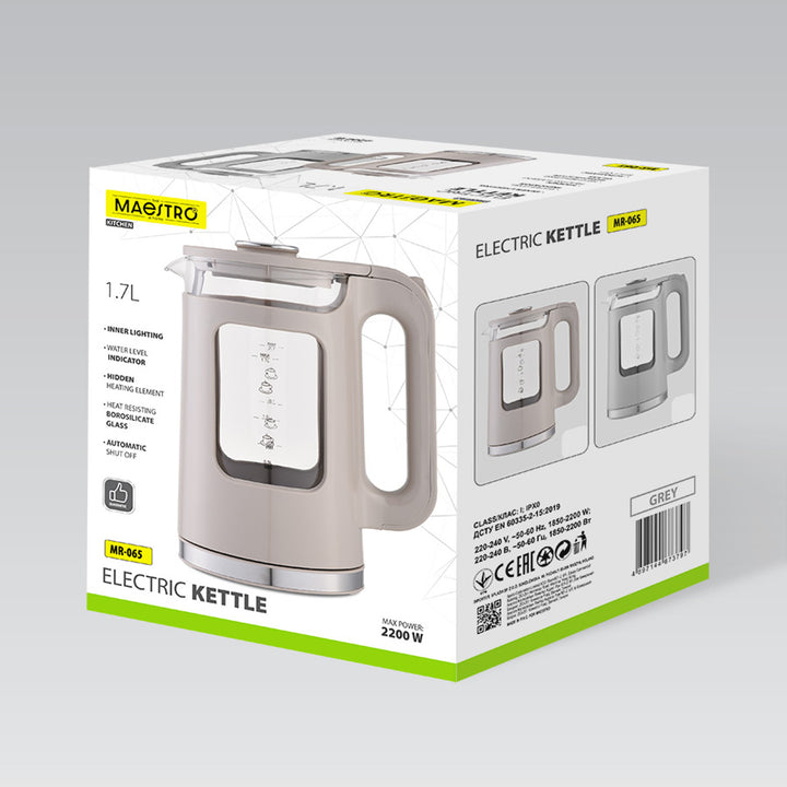 Staklena električna kuharica Maestro, zapremina 1,7 l, 2200 W, pokazatelj razine vode, LED pozadinsko osvjetljenje, rotirajuća podloga, bež, MR-065-BEIGE