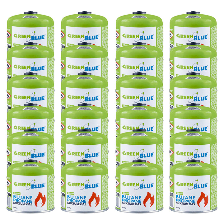 24 x 500 g GreenBlue plinska patrona. Certifikat: Pi 0437, u skladu s EN 417, butan-propane, radni temperaturni raspon –10 °C do +40 °C, navojni ventil 7/16&
