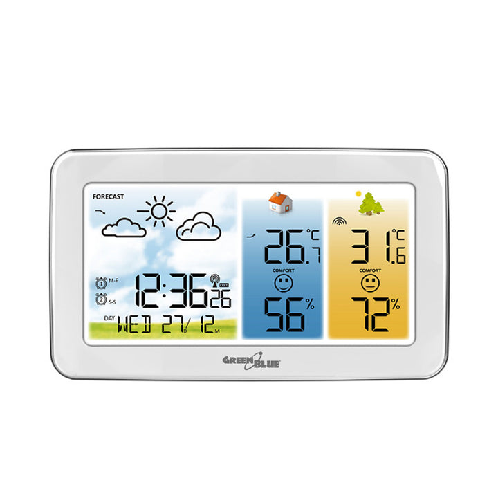 GreenBlue bežična vremenska stanica, temperatura i vlaga (ulaz/izlaz), sat/alarm/datum, °C / °F, domet do 60 m, GB442 W