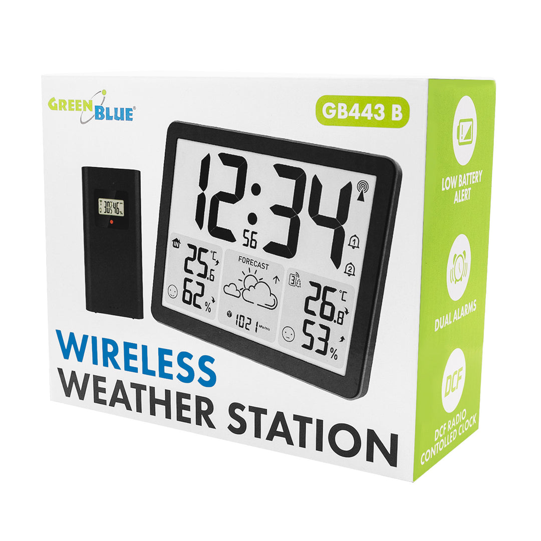 GreenBlue bežična vremenska stanica, temperatura i vlaga (ulaz/izlaz), sat/alarm/datum, °C / °F, domet do 60 m, GB443 B