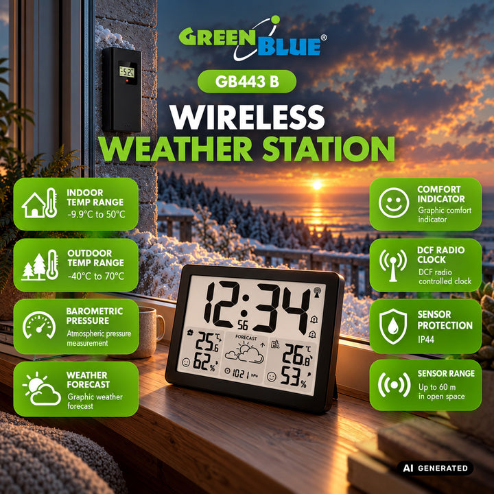 GreenBlue bežična vremenska stanica, temperatura i vlaga (ulaz/izlaz), sat/alarm/datum, °C / °F, domet do 60 m, GB443 B