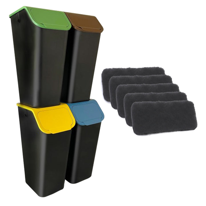 Set od 4 crne BINI kante za razdvajanje otpada (4 x 35 l) s plavim/zelenim/žutim/smeđim poklopcima + 5 ugljičnih filtara
