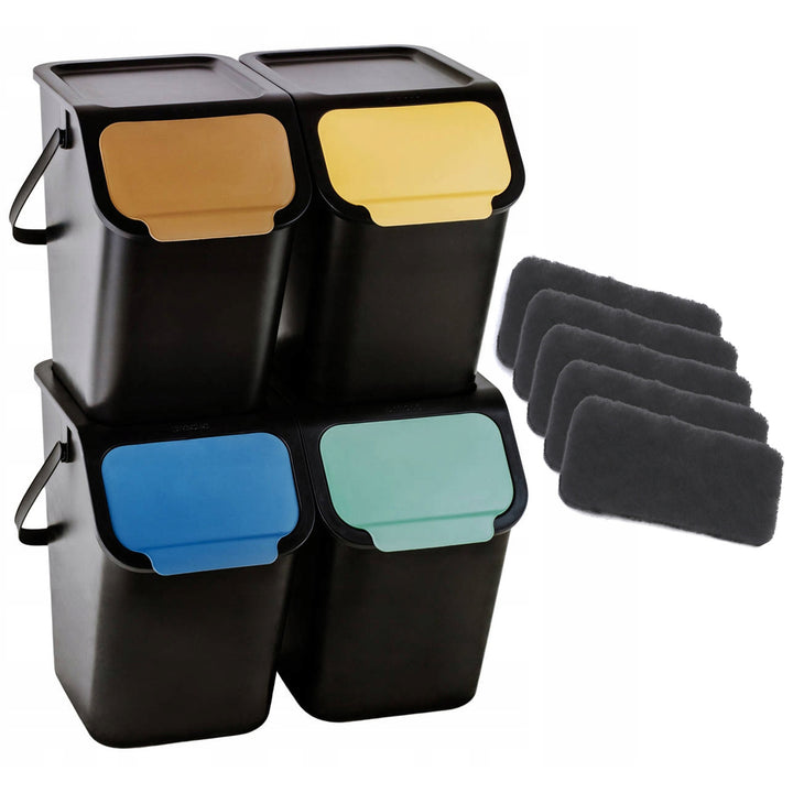 Set od 4 crne BINI kante (4 x 25 l) s crnim poklopcima; boje poklopaca: žuta, plava, zelena, smeđa + 5 ugljičnih filtara