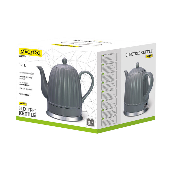 Keramički električni čajnik Maestro, sivi, 1500 W, zapremina 1,5 l, rotirajuća podloga, pokazatelj razine vode, kabel za napajanje duljine 65 cm, MR-077
