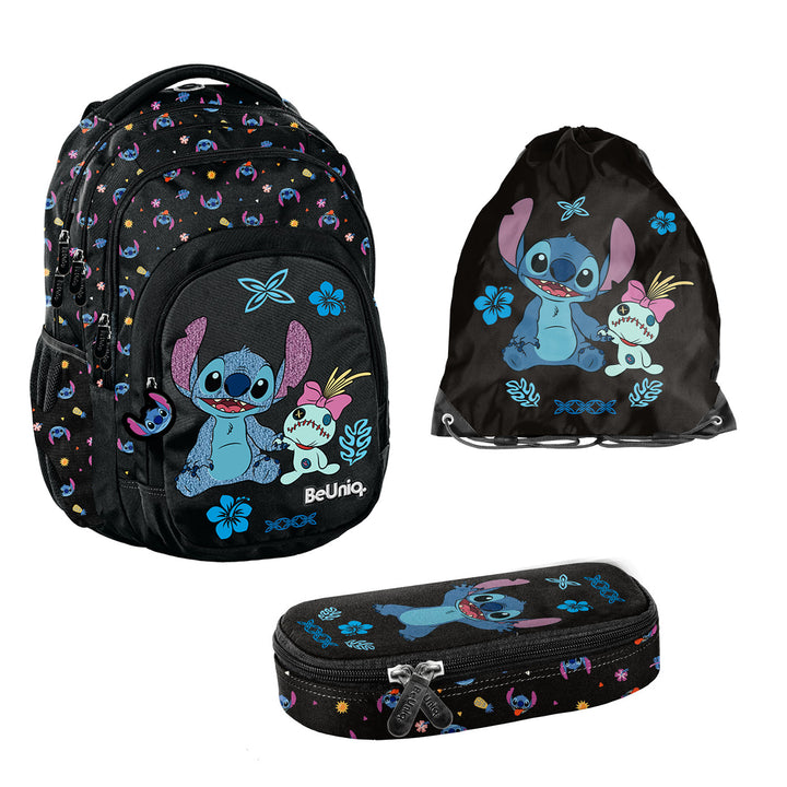 Set za školu Stitch Paso, ruksak s tri pretinca, navlaka za laptop i ojačanim dnom, futrola za olovke s elastičnim trakama za pribor, vrećica za cipele koja se može nositi na leđima, DS26MM