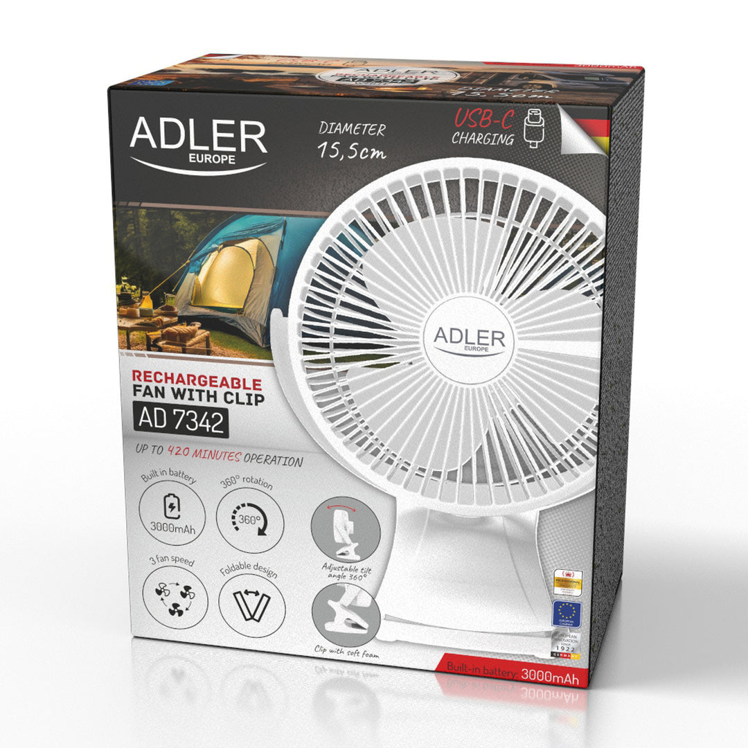 Stolni ventilator s kopčom, punjiv, 15,5 cm, rotacija 360°, USB-C, Adler