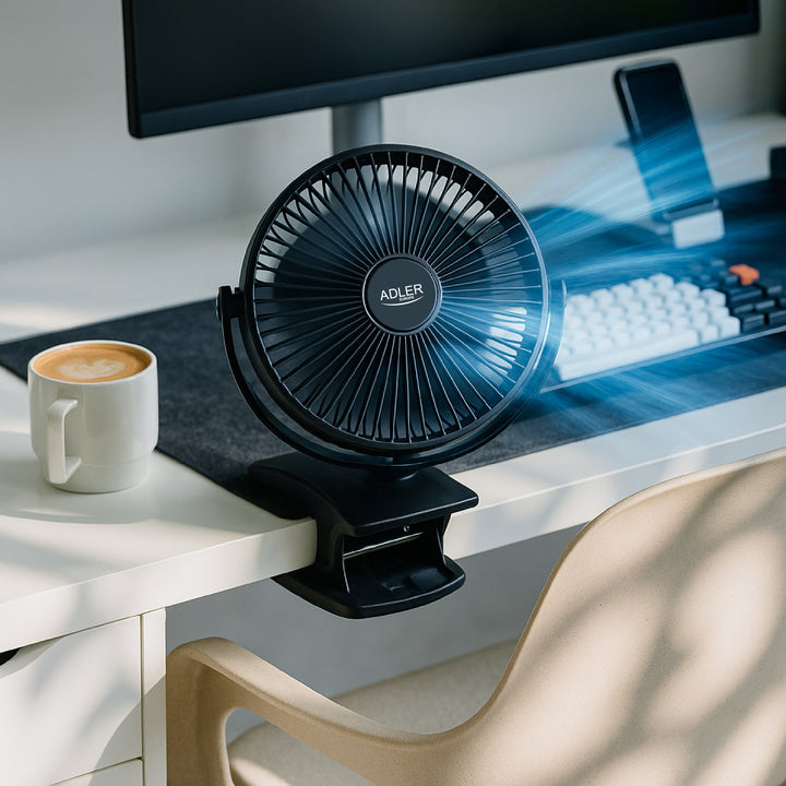 Stolni ventilator s kopčom, punjiv, 15,5 cm, rotacija 360°, USB-C, Adler