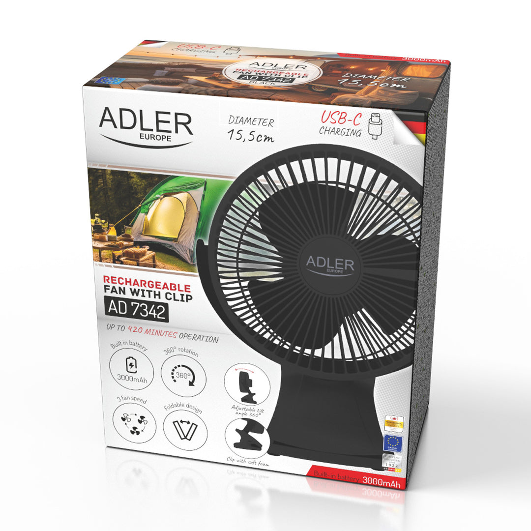 Stolni ventilator s kopčom, punjiv, 15,5 cm, rotacija 360°, USB-C, Adler
