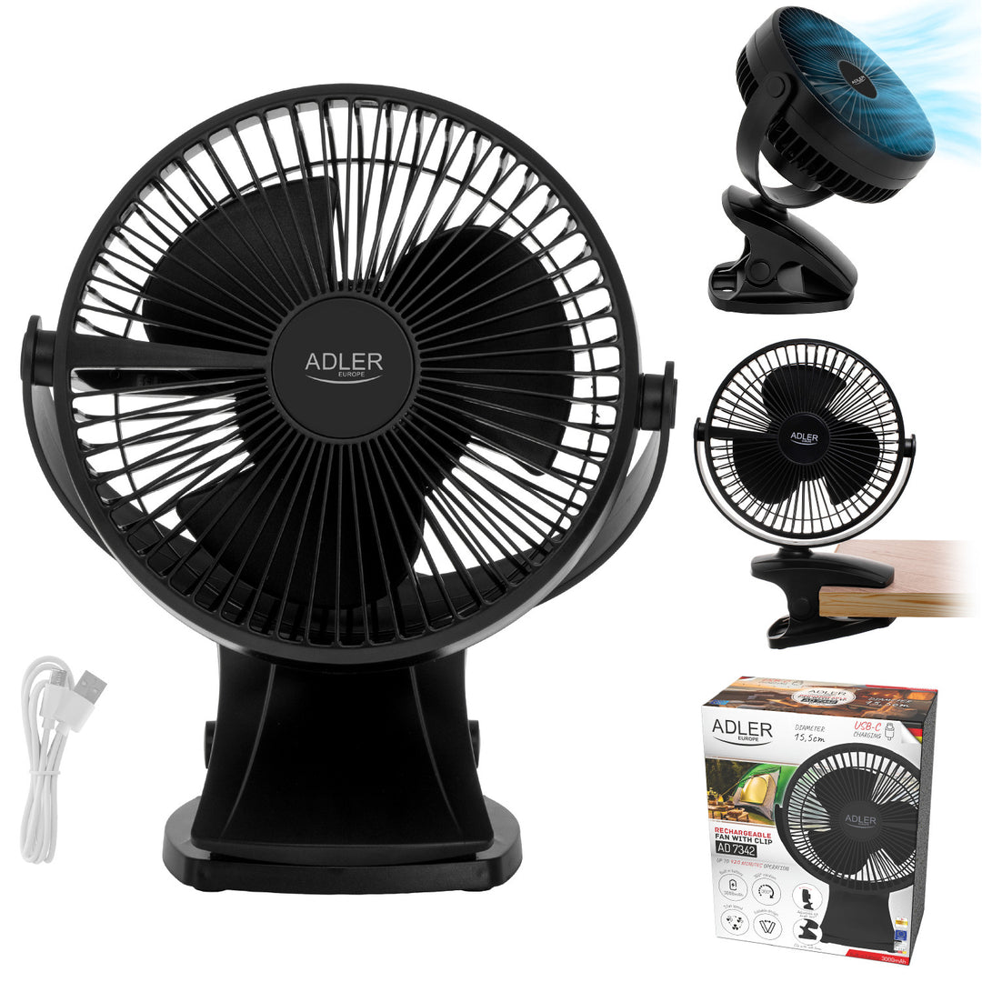 Stolni ventilator s kopčom, punjiv, 15,5 cm, rotacija 360°, USB-C, Adler
