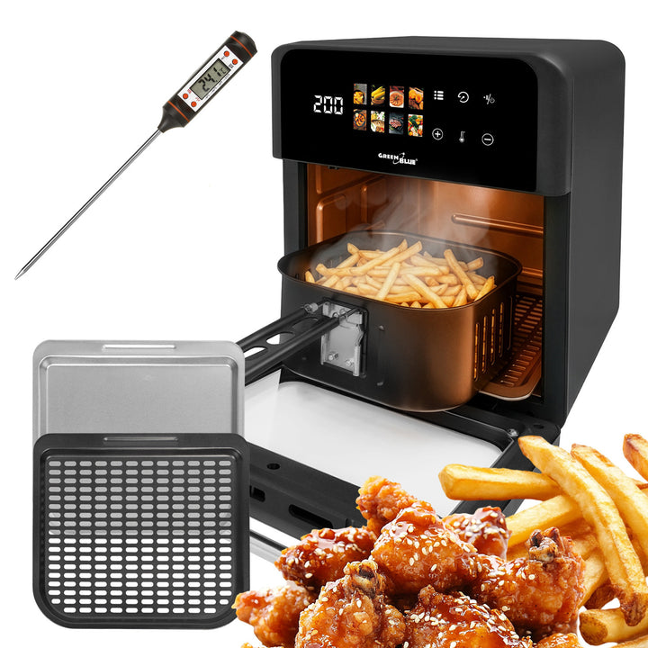 GreenBlue AIR FRYER friteza na zrak bez ulja, 1800 W, kapacitet 10 litara, 8 programa, dodaci, tajmer, GB950 + kuhinjski termometar/sonda, GreenBlue GB178