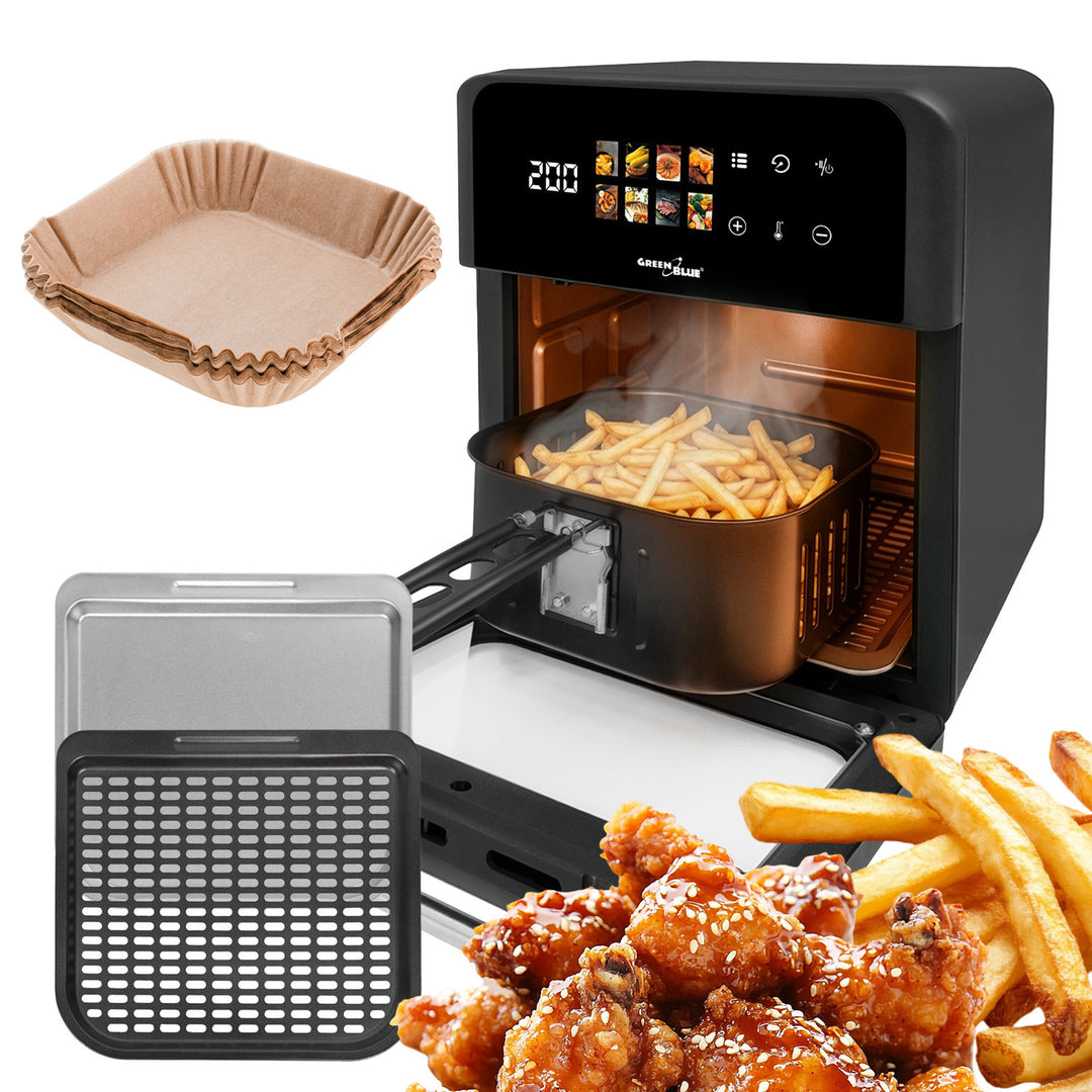 GreenBlue AIR FRYER friteza na zrak bez ulja, 1800 W, kapacitet 10 litara, 8 programa, dodaci, tajmer, GB950 + 100 papirnatih uložaka 16 cm