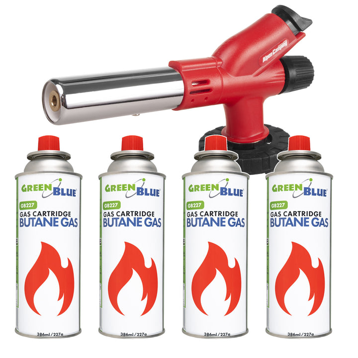 Alpen Camping plamenik s patronama, temperatura plamena 1300 °C, piezo paljenje, podešavanje plamena, ETNA + 4 x 227 g GreenBlue plinskih patrona. Certifikat: Pi 0875, u skladu sa standardom EN417.