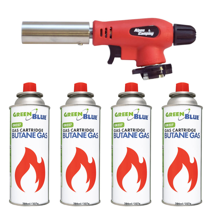 Alpen Camping plamenik s kartušama, radni doseg 360°, temperatura plamena 1300 °C, piezo paljenje, OLIMP + 4 x 227 g GreenBlue plinskih kartuša. Certifikat: Pi 0875, u skladu sa standardom EN417.