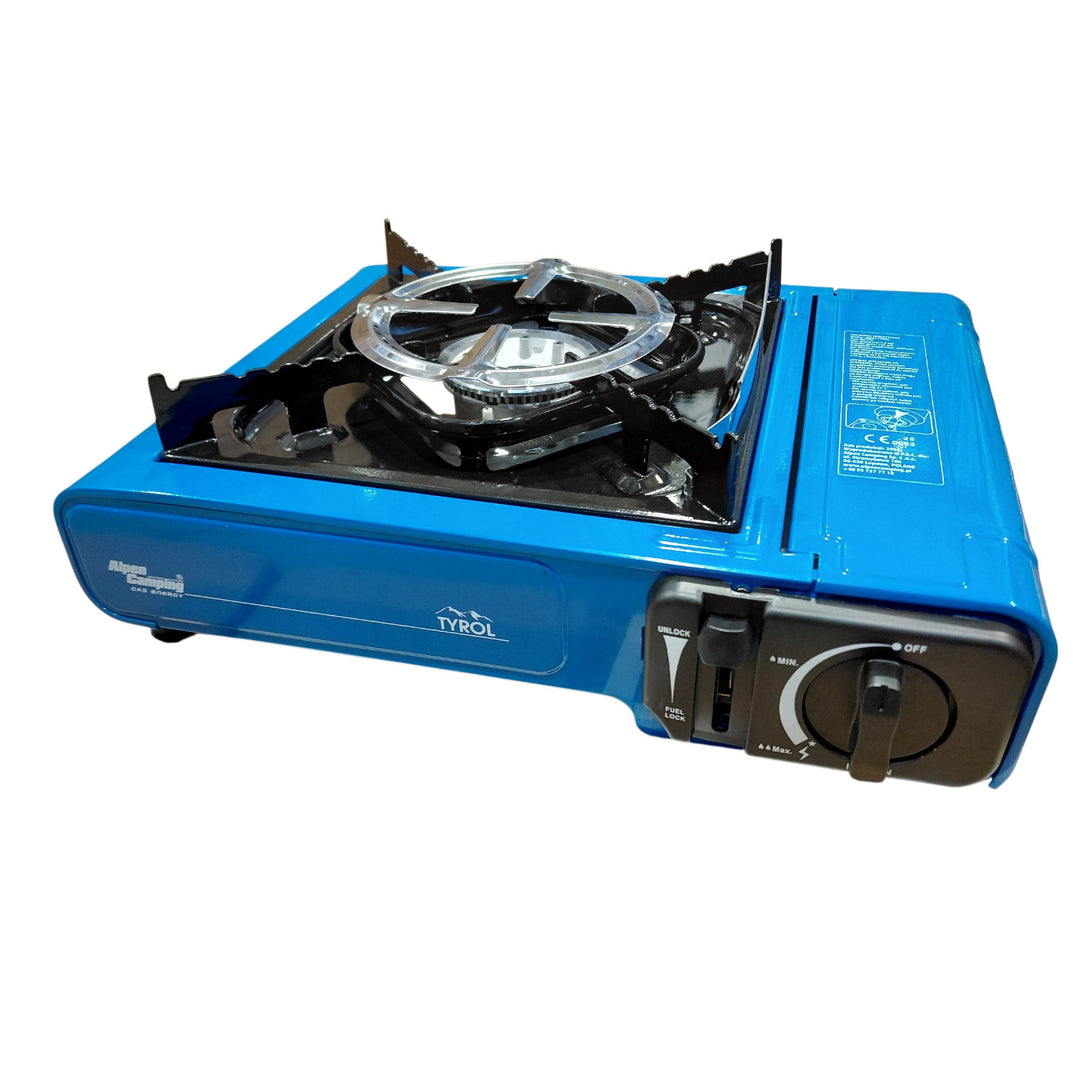 Alpen Camping kamperski štednjak, snaga: 2,0 kW, potrošnja plina 146 g/h, piezo paljenje, TYROL+ 4 x 227 g GreenBlue plinske patrone. Certifikat: Pi 0875, u skladu sa standardom EN417.