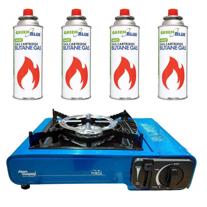 Alpen Camping kamperski štednjak, snaga: 2,0 kW, potrošnja plina 146 g/h, piezo paljenje, TYROL+ 4 x 227 g GreenBlue plinske patrone. Certifikat: Pi 0875, u skladu sa standardom EN417.