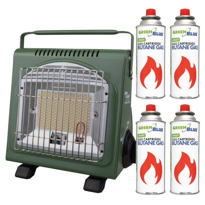 Alpen Camping prijenosni plinski štednjak, 2-u-1, potrošnja plina 124 g/h, piezo paljenje, ICELAND IK-1000 PRO+ 4 x 227 g GreenBlue plinske patrone. Certifikat: Pi 0875, u skladu sa standardom EN417.