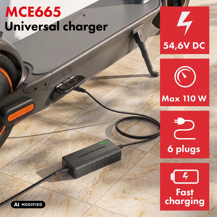 Maclean Energy univerzalni punjač / napajanje za skutere, 54,6 V DC, 2 A, max. 110 W, brzo punjenje, 6 utikača, MCE665