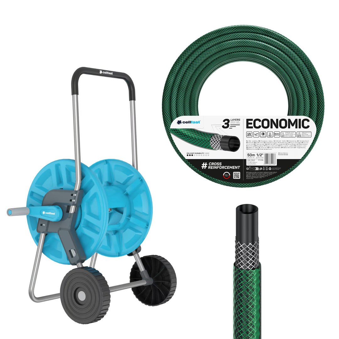 Cellfast Aluplus kolica za crijevo 1/2" 60 m + Cellfast Economic vrtno crijevo 1/2" 50 m