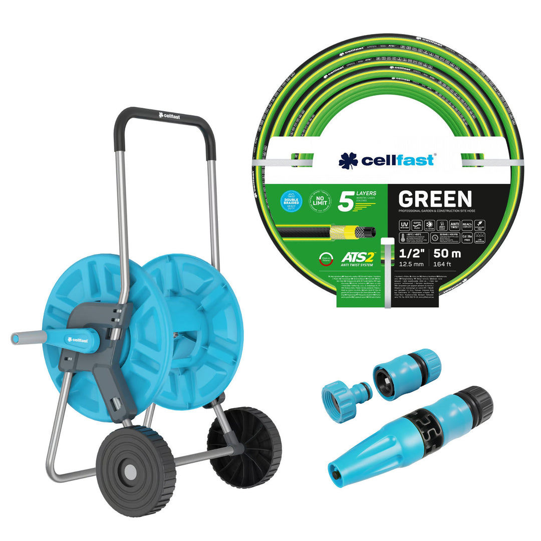 Cellfast Aluplus kolica za crijevo 1/2" 60 m + Cellfast Green ATS2 crijevo za vrt 1/2" 50 m + Cellfast Basic set ravnog prskalice 1/2"