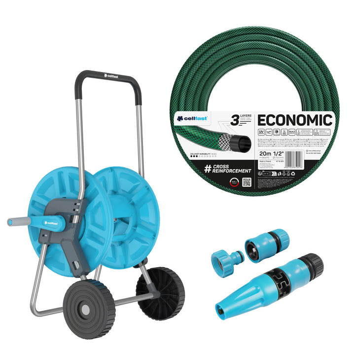 Cellfast Aluplus kolica za crijevo 1/2" 60 m + Cellfast Economic vrtno crijevo 1/2" 20 m + set s ravnim prskalicom Cellfast Basic 1/2"