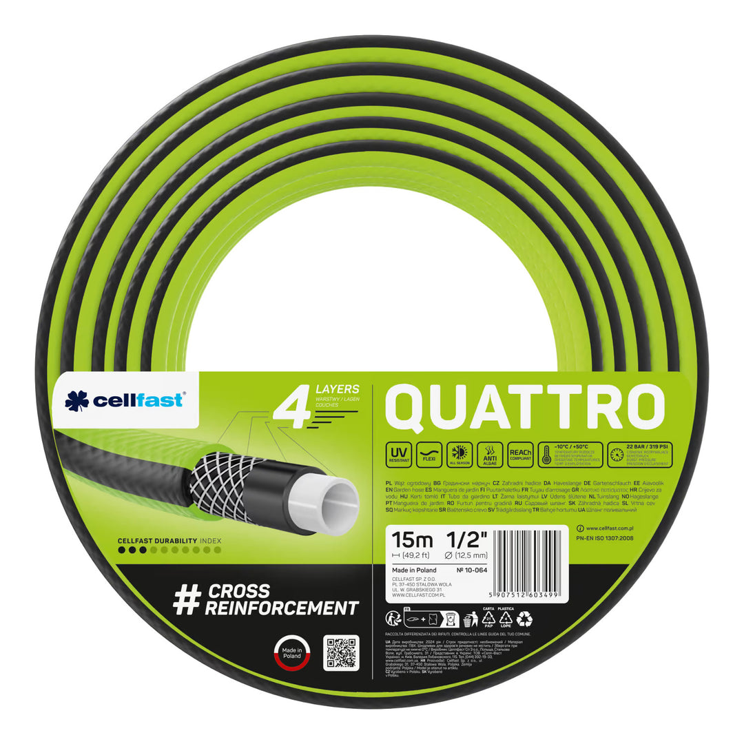 Cellfast Aluplus kolica za crijevo 1/2" 60 m + Cellfast Quattro vrtno crijevo 1/2" 15 m + set s ravnim prskalicom Cellfast Basic 1/2"