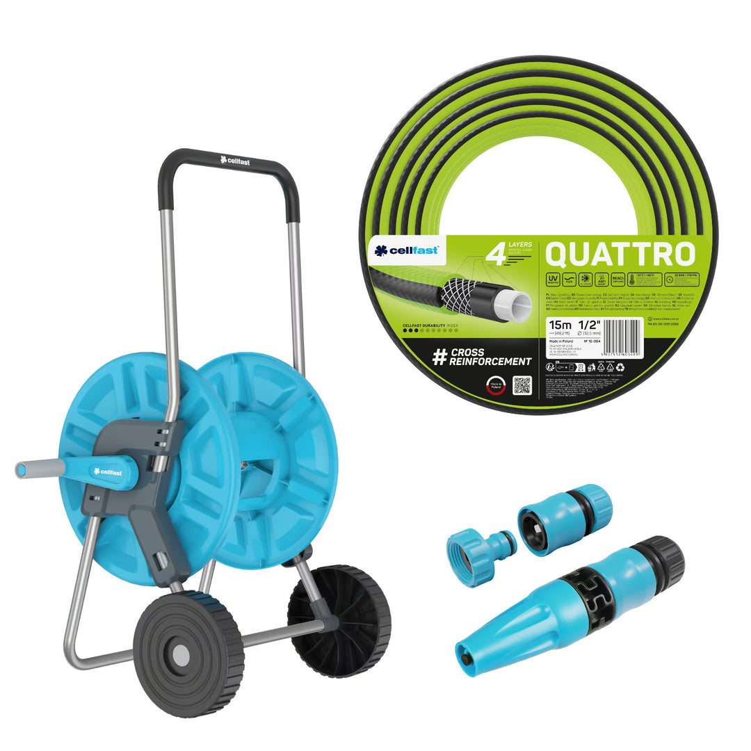 Cellfast Aluplus kolica za crijevo 1/2" 60 m + Cellfast Quattro vrtno crijevo 1/2" 15 m + set s ravnim prskalicom Cellfast Basic 1/2"