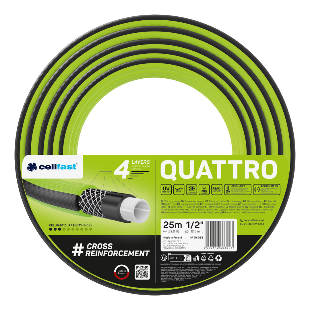 Cellfast Aluplus kolica za crijevo 1/2" 60 m + Cellfast Quattro vrtno crijevo 1/2" 25 m + set s ravnim prskalicom Cellfast Basic 1/2"