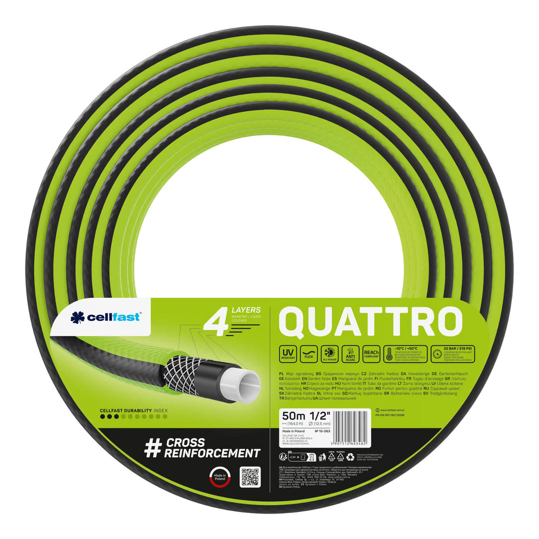 Cellfast Aluplus kolica za crijevo 1/2" 60 m + Cellfast Quattro vrtno crijevo 1/2" 50 m + set s ravnim prskalicom Cellfast Basic 1/2"