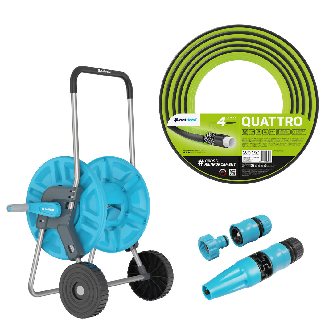 Cellfast Aluplus kolica za crijevo 1/2" 60 m + Cellfast Quattro vrtno crijevo 1/2" 50 m + set s ravnim prskalicom Cellfast Basic 1/2"