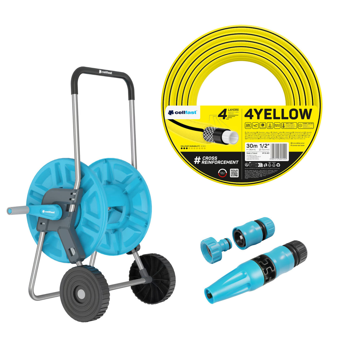 Cellfast Aluplus kolica za crijevo 1/2" 60 m + Cellfast 4YELLOW crijevo za vrt 1/2" 30 m + set s ravnim prskalicom Cellfast Basic 1/2"