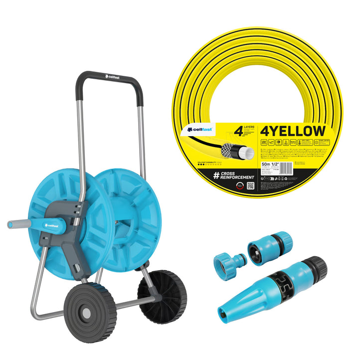 Cellfast Aluplus kolica za crijevo 1/2" 60 m + Cellfast 4YELLOW crijevo za vrt 1/2" 50 m + set s ravnim prskalicom Cellfast Basic 1/2"