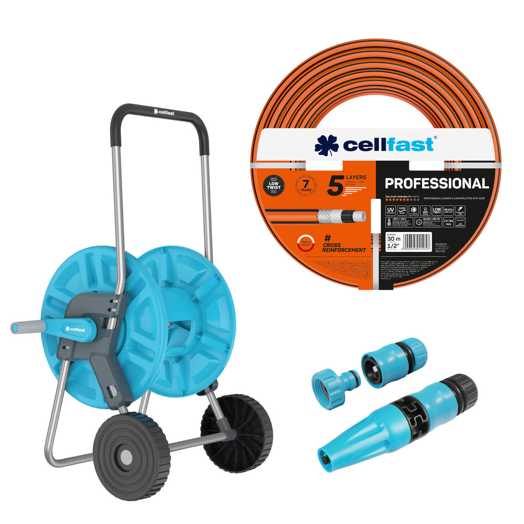 Cellfast Aluplus kolica za crijevo 1/2" 60 m + Cellfast PROFESSIONAL crijevo za vrt 1/2" 30 m + Cellfast Basic ravni set prskalica 1/2"