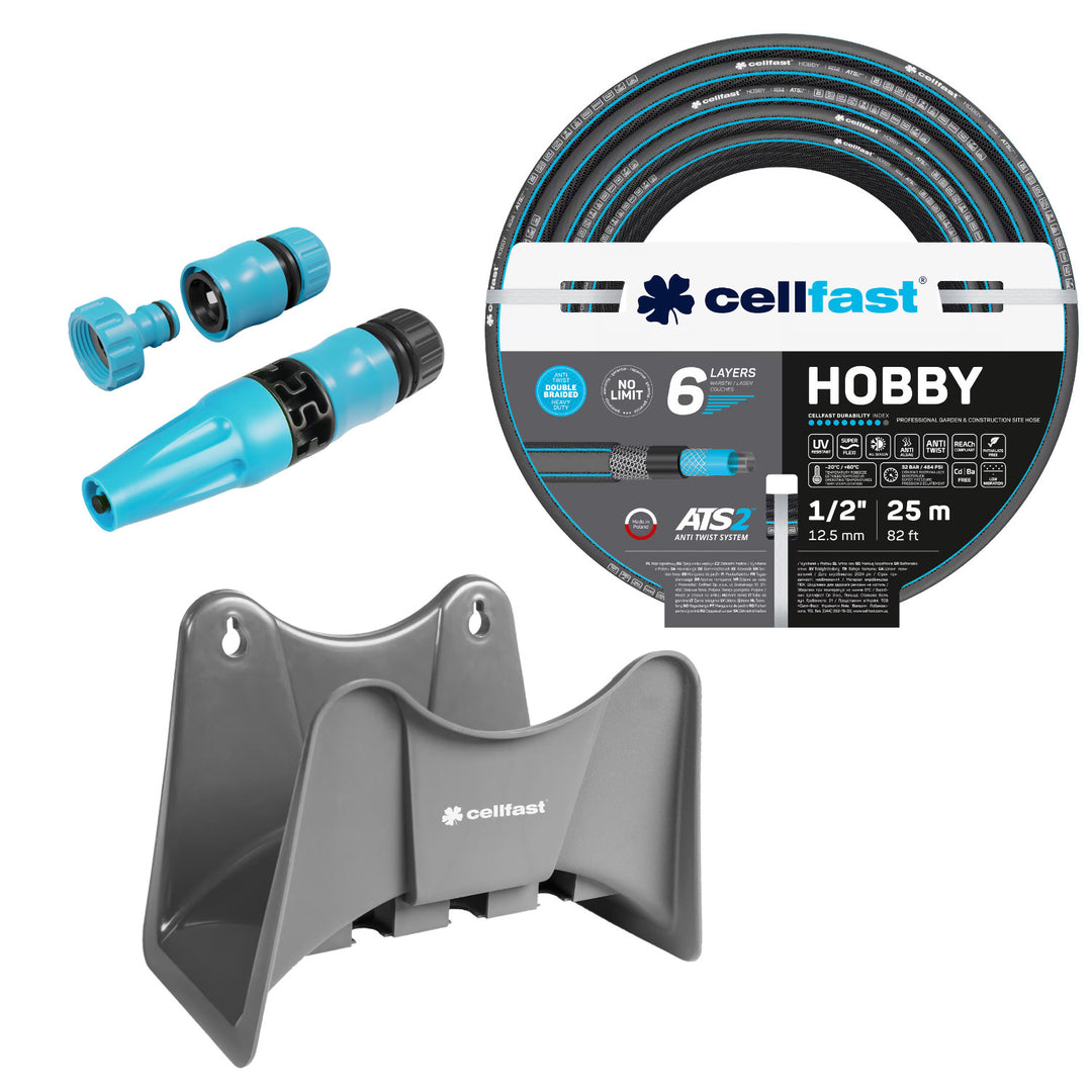 Cellfast Hobby ATS2 crijevo za vrt 1/2" 25 m + Cellfast sivi držač za crijevo + Cellfast Basic 1/2" ravni set prskalica