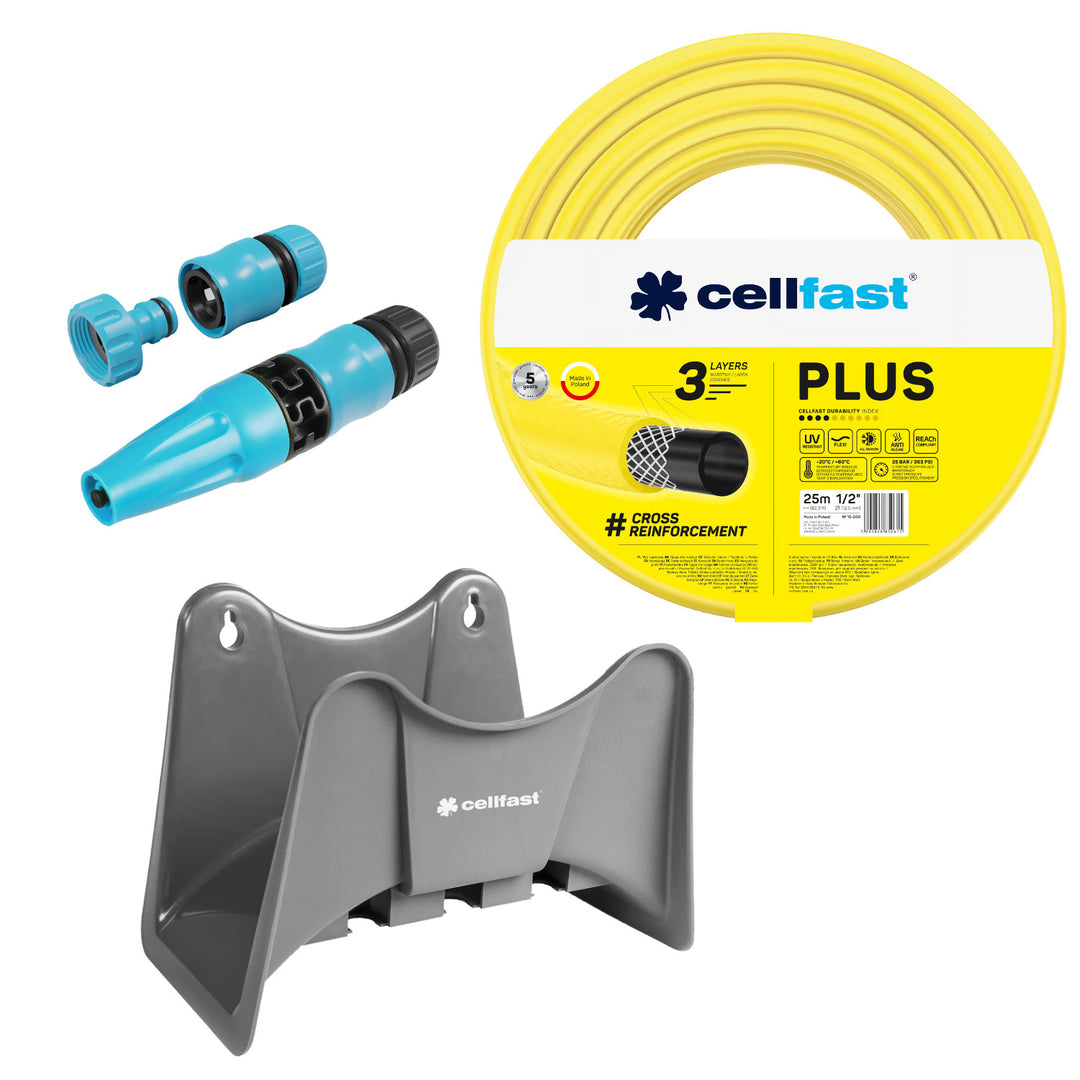 Cellfast Plus crijevo za vrt 1/2" 25 m + Cellfast sivi kukica za crijevo + Cellfast Basic ravni komplet prskalica 1/2"