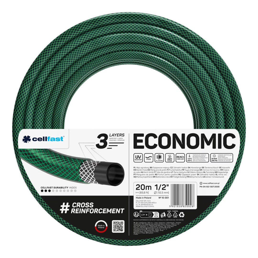 Cellfast Economic crijevo za vrt 1/2" 20 m + Cellfast sivi kuka za crijevo + Cellfast Basic 1/2" ravni komplet za prskalice