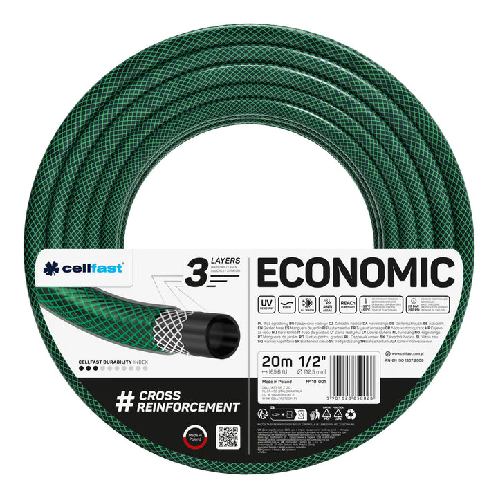 Cellfast Economic crijevo za vrt 1/2" 20 m + Cellfast sivi kuka za crijevo + Cellfast Basic 1/2" ravni komplet za prskalice