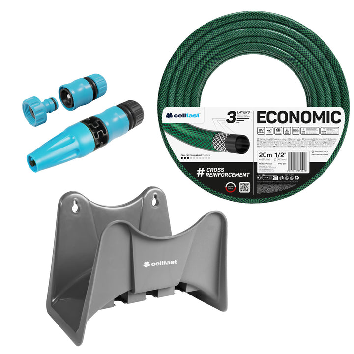 Cellfast Economic crijevo za vrt 1/2" 20 m + Cellfast sivi kuka za crijevo + Cellfast Basic 1/2" ravni komplet za prskalice