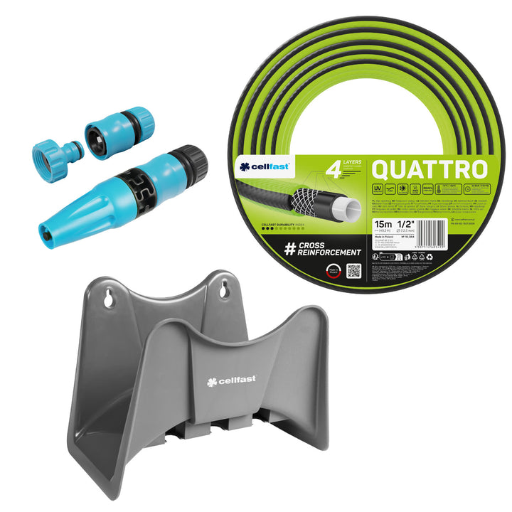 Cellfast Quattro 1/2" 15 m vrtna crijeva + Cellfast sivi kukica za crijevo + Cellfast Basic 1/2" ravni set prskalica