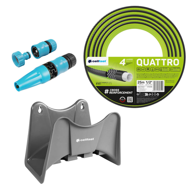 Cellfast Quattro 1/2" 25 m vrtna crijeva + Cellfast sivi kukica za crijevo + Cellfast Basic 1/2" ravni set prskalica
