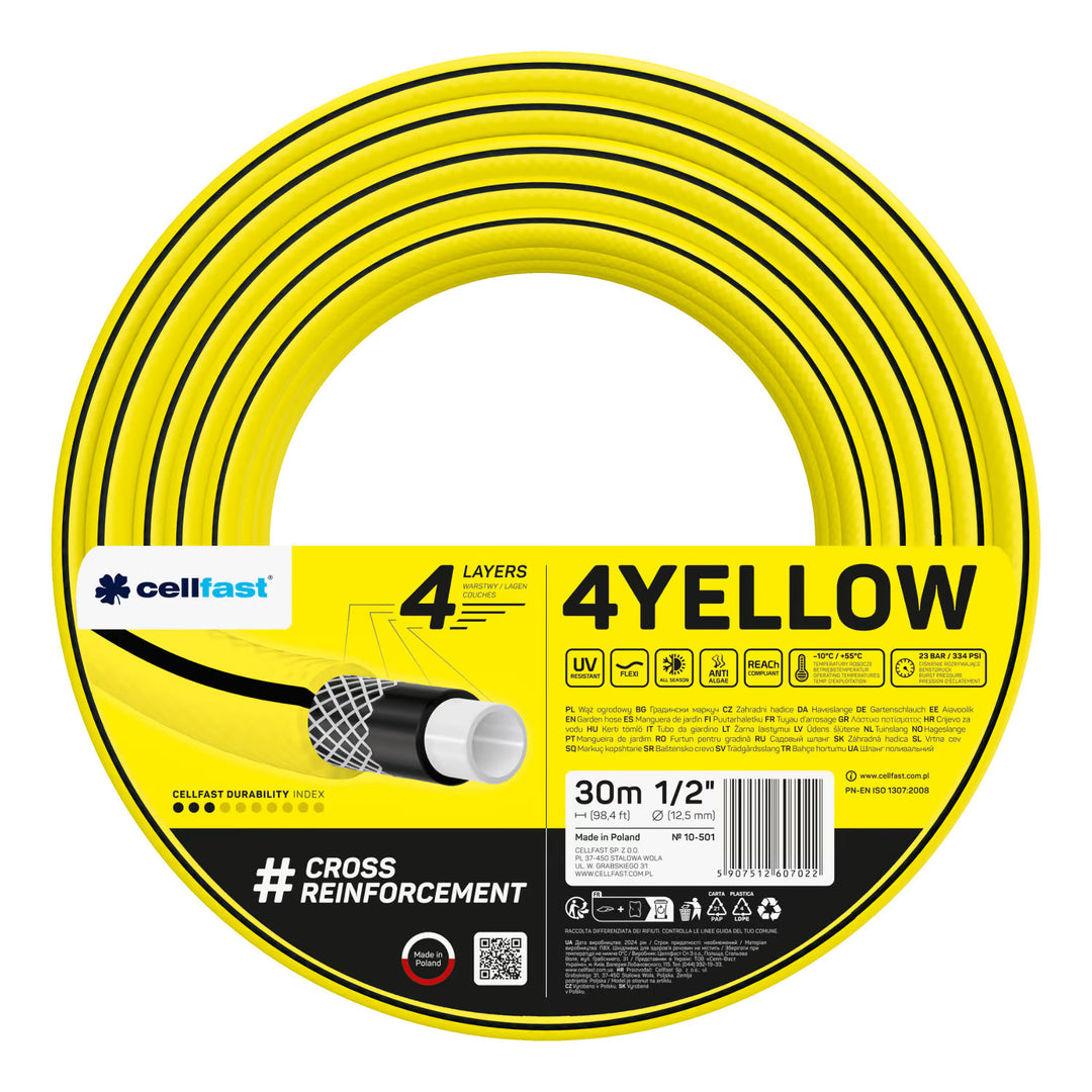 Cellfast 4YELLOW crijevo za vrt 1/2" 30 m + Cellfast sivi kukica za crijevo + Cellfast Basic 1/2" ravni set prskalica