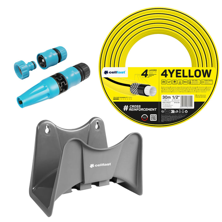 Cellfast 4YELLOW crijevo za vrt 1/2" 30 m + Cellfast sivi kukica za crijevo + Cellfast Basic 1/2" ravni set prskalica