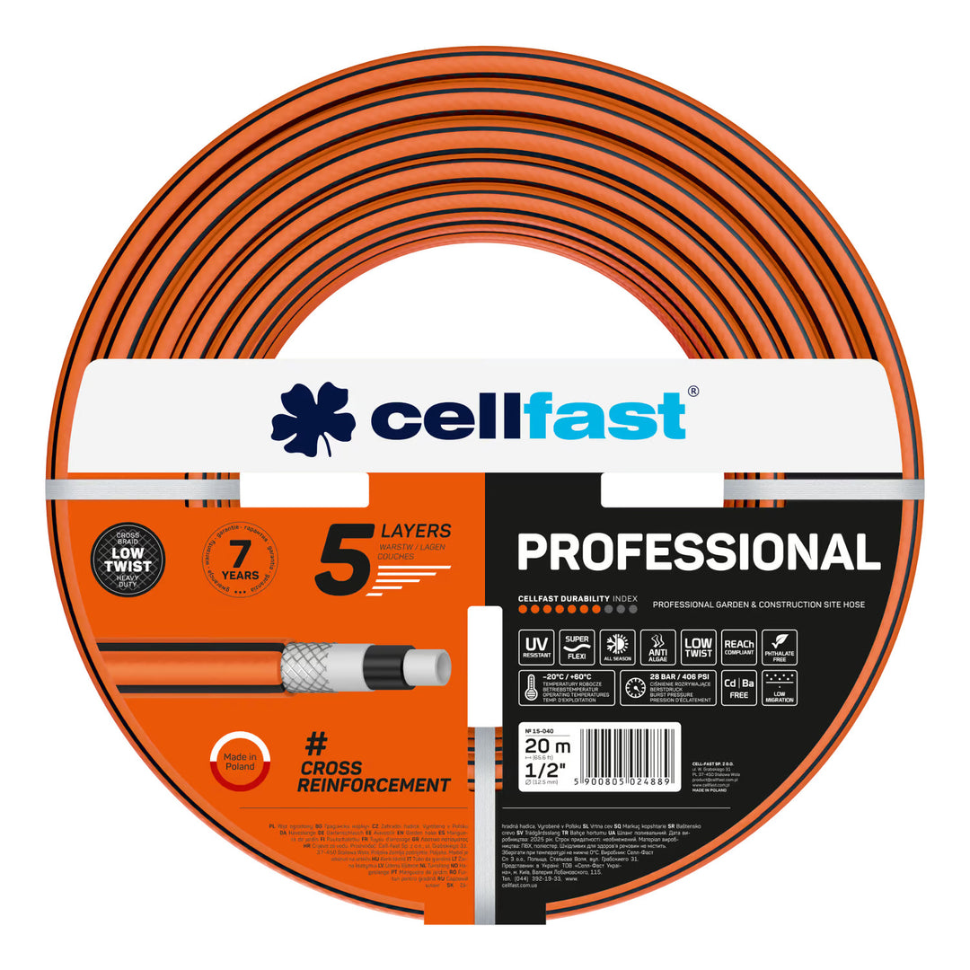 Cellfast vrtna crijeva, PROFESSIONAL 1/2" 20 m + Cellfast sivi držač za crijevo + Cellfast Basic 1/2" ravni set prskalica