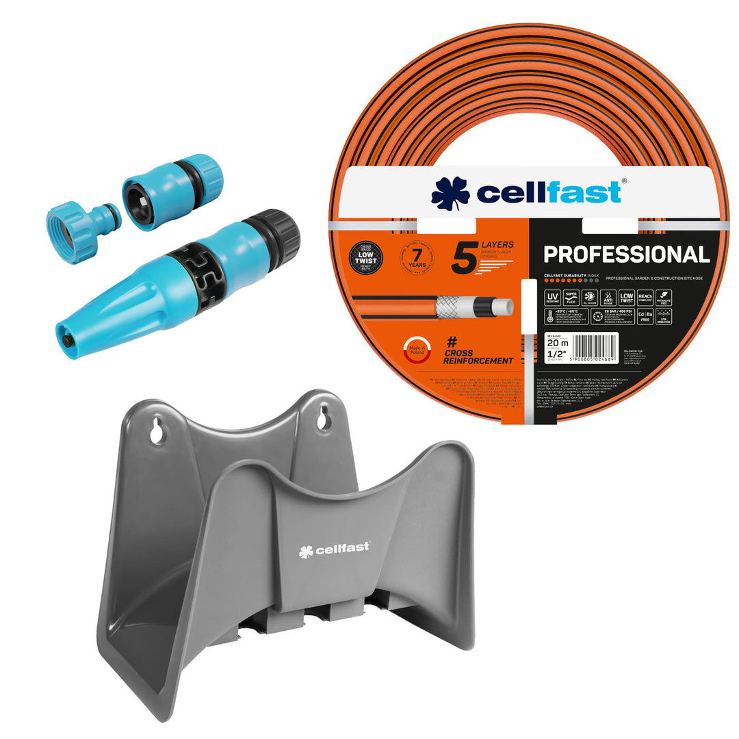 Cellfast vrtna crijeva, PROFESSIONAL 1/2" 20 m + Cellfast sivi držač za crijevo + Cellfast Basic 1/2" ravni set prskalica