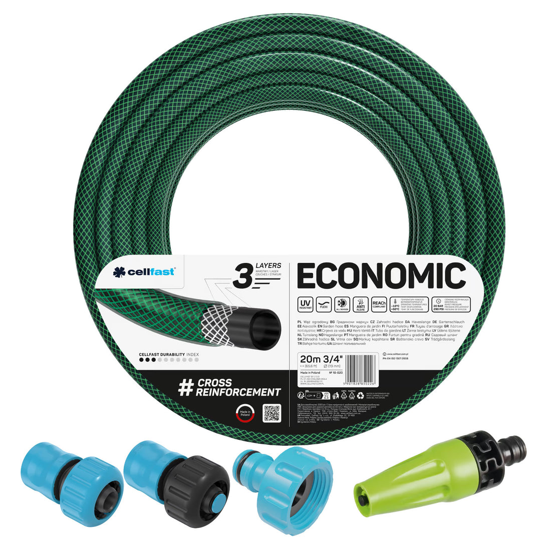 Cellfast Economic 3/4" 20 m vrtna crijeva + ravna glava za prskanje + 3/4" spojka s unutarnjim navojem + 3/4" ravna i zaustavna brzospojna spojka